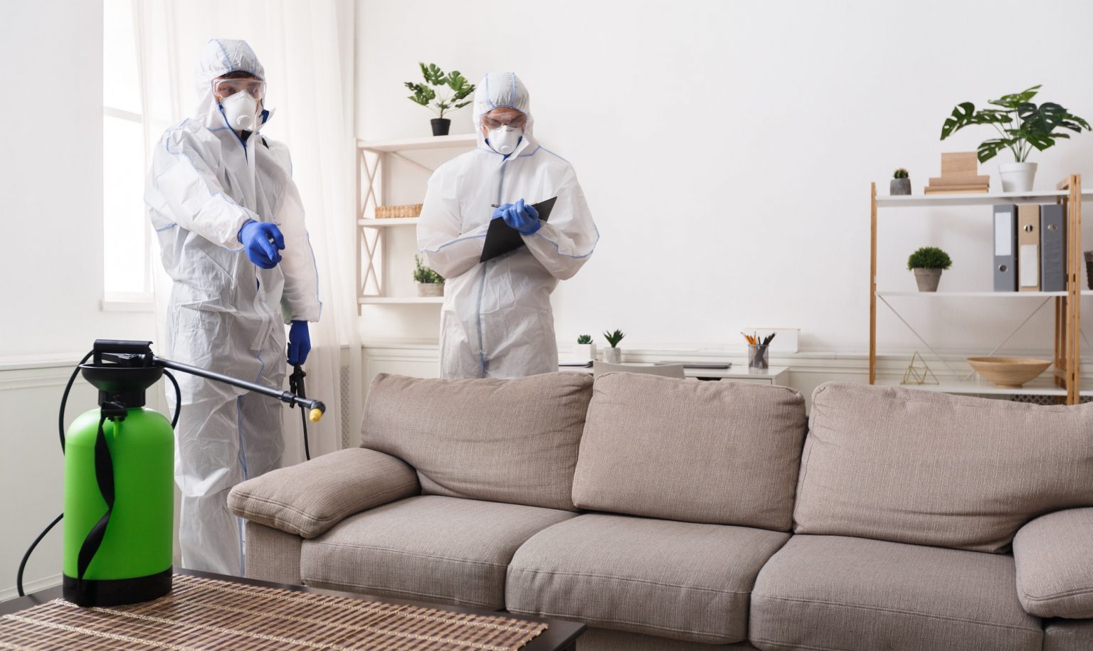 Men in virus protective suit making treatment of sofas